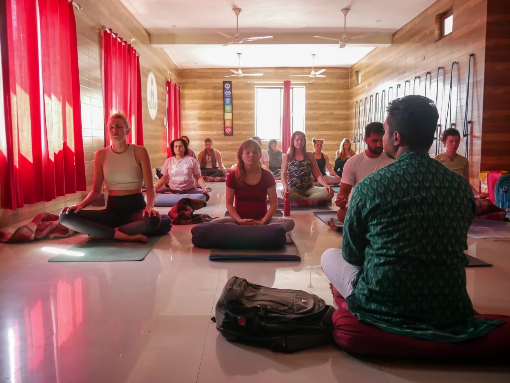 Students doing Pranayama and Meditation at Yoga sadhana, Yoga teacher training in Rishikesh